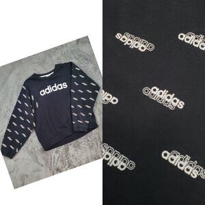 Adidas Sweatshirt Womens S Crewneck Repeat Logo Graphic Black White Athletic EUC